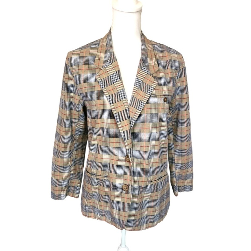 Liz Sport Petites Blazer Jacket Tan Red Blue Plaid Womens Size 10 Petite